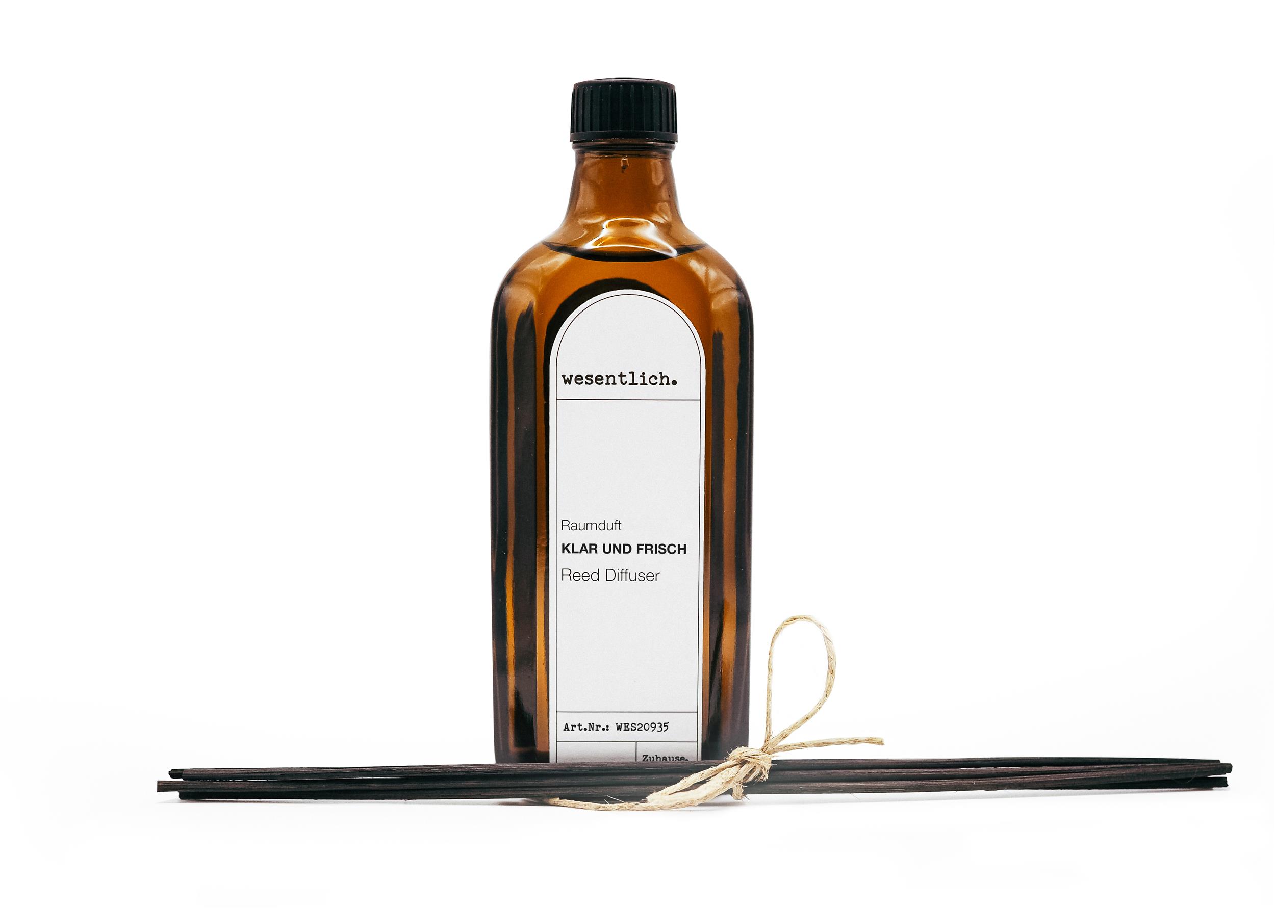 Reed Diffuser Raumduft Klar und Frisch (200ml) inkl. 5 Kapillarstäbchen - dekorativer Raumduft von wesentlich.